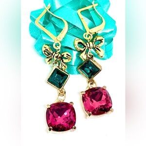 Fuchsia Pink Emerald Green Crystal Rhinestone Gems Gold Bow Lever Back Earrings